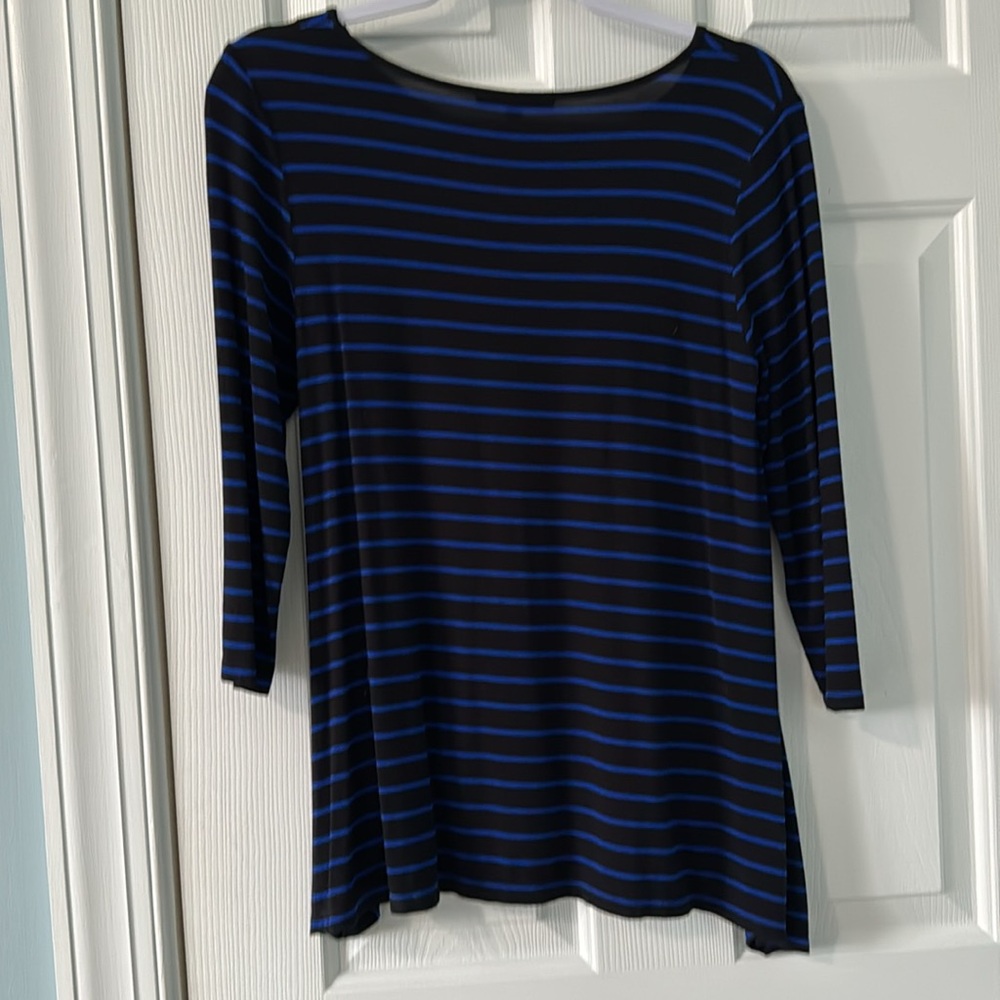 Cable & Gauge 3/4 sleeve flowy t-shirt w/ ballet neck. Sz S black & blue stripes - Picture 5 of 7